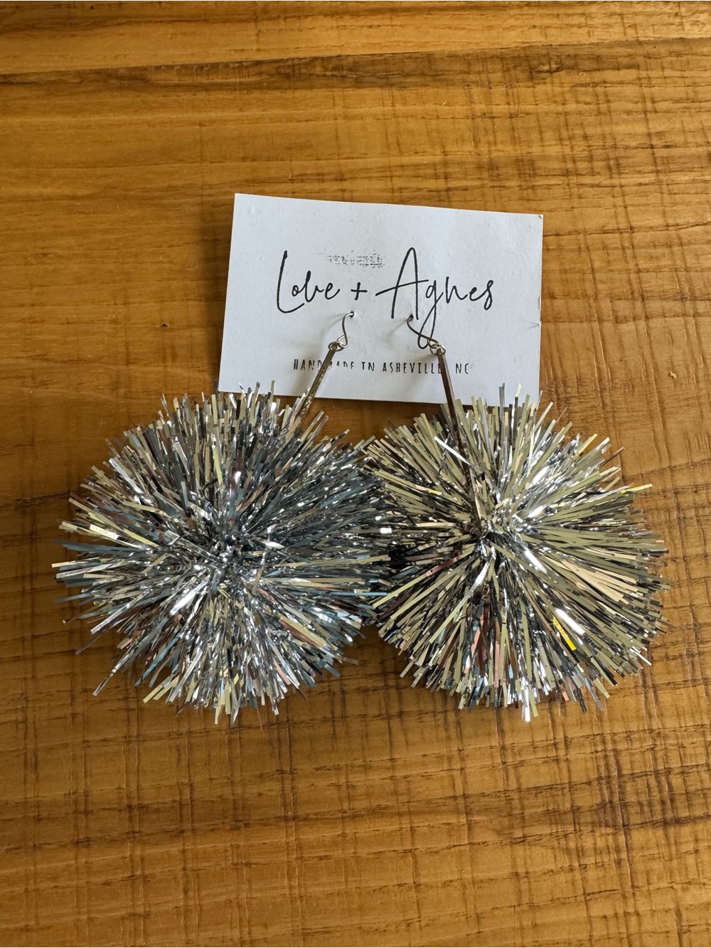 Silver Tinsel Pom Drop Earrings